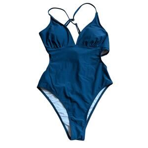 NWT Cupshe Vneck Swimsuit Cross Back Cutout Sexy Teal Cheeky Medium